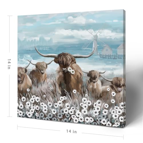 Canvas Wall Art Bathroom Coastal Boho Farmhouse Highland Cow Flower Picture Floral Artwork Rustic Country Landscape Longhorn Animal Painting for Living Room Bedroom Kitchen Décor Blue Brown Small - color: Highland Cow Wall Art, size: 13.5"L x 13.5"W