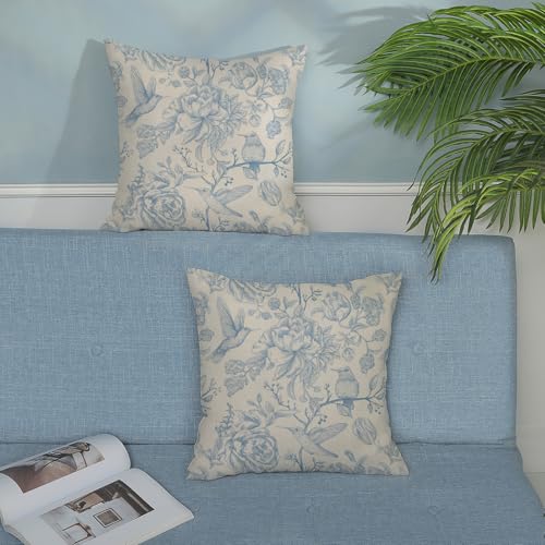 Chinoiserie Blue Throw Pillow Covers 16x16 Inch 2 Pcs Vintage Light Blue Floral Bird Outdoor Decor Pillow Covers Flower Spring Seasonal Decorative Pillowcase Linen Cushion Cover for Couch Sofa - color: Light Blue Floral Bird, size: 16" x 16" (Pack of 2)