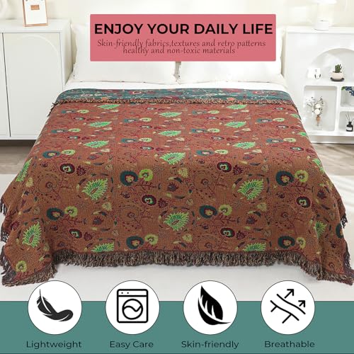 Boho Fall Throw Blanket for Bed,100% Ultra Cotton Soft Breathable Bed Throw Floral Printed Farmhouse Decor Rustic Bed Throws for Couch Sofa Quilt 80" x 90" - color: Green Peacock Tail, size: 80"x90"