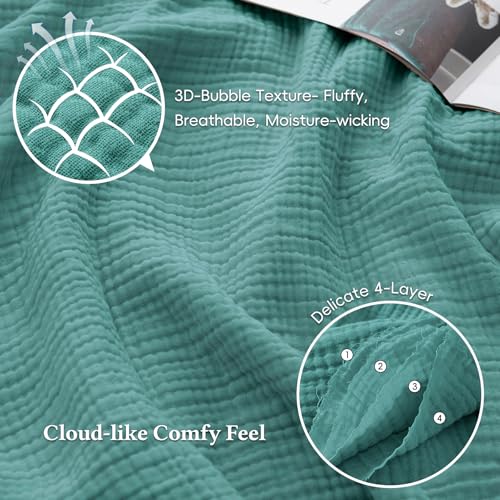 David's Home 100% Cotton Muslin Throw Blanket for College Dorm, 4-Layer Soft Breathable Lightweight Comfy Cozy Throw Guaze for Hot Sleepers, 3D Bubble Room Decor for Bed, Giftable, Teal, 50"x70" - color: Teal, size: Throw XL(50x70")