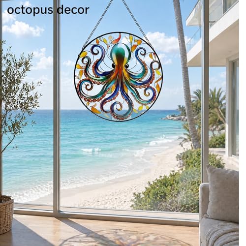 Octopus Stained Glass Window Hanging, 9.8’’ Sun Catcher Glass Panel Ocean Theme Wall Art Decor with Chain, Birthday Gift for Sons, Daughters, Grandson - color: Octopus