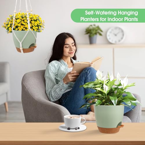Hanging Planters for Indoor Outdoor Plants, 2 Pack Self Watering Hanging Pot with Drainage Holes, Removable Tray & 2 Kinds of Plant Hangers, 8'' Hanging Flower Pots for Home Garden Decor, Green - color: Ivory+black+green, size: 8''