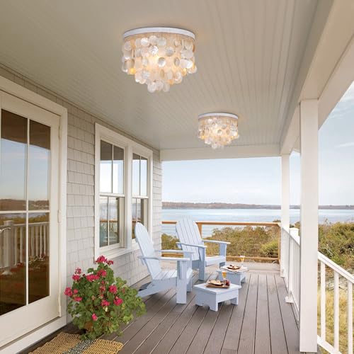 Capiz Shell Chandelier Ceiling Light, 3 Light Flush Mount Light for Bedroom, Hallway, Entryway,Bathroom，Nursey，Girls‘ Room，Vintage White with Gold Shells - size: 13 inch