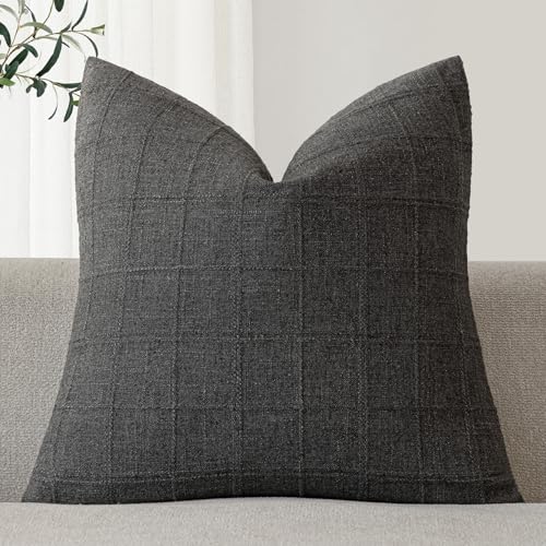 Foindtower Set of 1 Decorative Linen Check Throw Pillow Cover Neutral Farmhouse Vintage Cushion Cover Modern Boho Home Decor for Sofa Chair Couch Bedroom Living Room Outdoor,16×16 Inch,Charcoal - color: Charcoal, size: 16" x 16" (Pack of 1)
