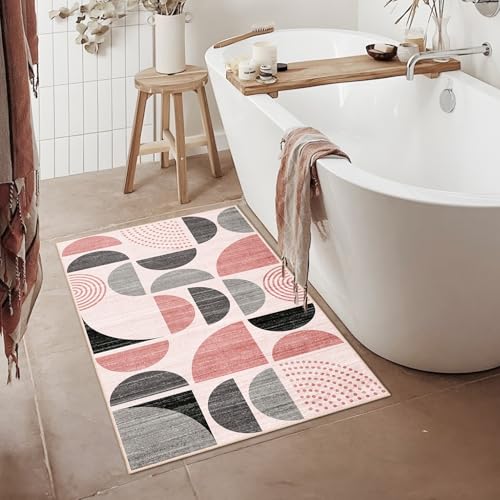 MUJOO Small Rug Washable,Boho 2x3 Area Rugs for Entryway Bathroom Entry Entrance Bedroom Kitchen,Front Door Mat Throw Carpet Non Slip Indoor Soft Modern Abstract Pink and Grey - color: Pink and Grey, size: 2' x 3' (Rectangular)