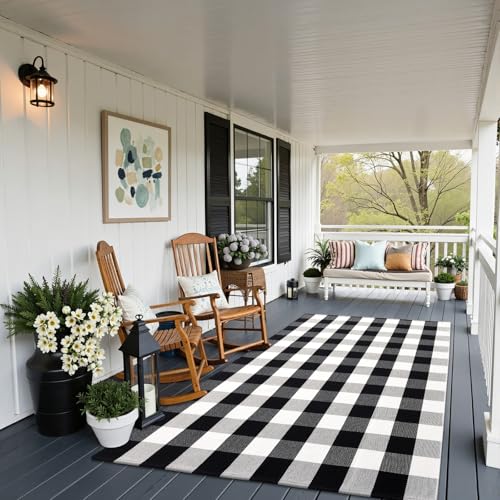 OLANLY Buffalo Plaid Rug 3' x 5' – Black and White Cotton Checkered Doormat, Washable Indoor Outdoor Rug for Layered Front Porch, Kitchen, Entryway Decor - color: Black White Buffalo Check, size: 3' X 5' (Rectangular)