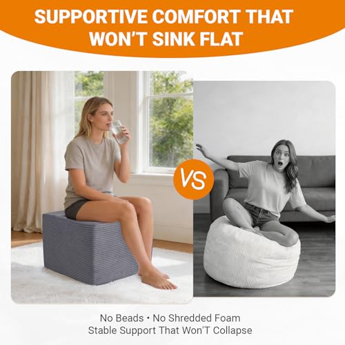Stuffed Square Pouf Ottoman, 19.69 * 19.69 * 14.76 Inch Foot Rest with Odorless Solid Foam Core, Supportive Footstool with Removable Corduroy Cover for Living Room, Dark Grey - color: Dark Grey-small