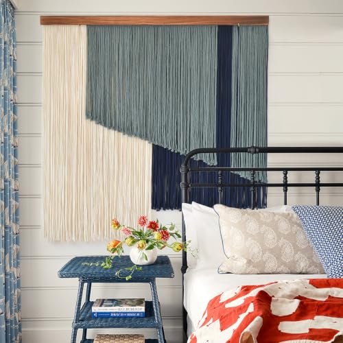 Jakalin Macrame Wall Hanging Boho Yarn Tassel Art Blue Modern Wall Décor for Living Room, Bedroom, Office,39" W x 39" L - color: Ivory and Blue