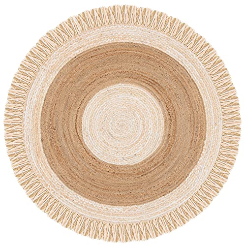 SAFAVIEH Cape Cod Collection Area Rug - 5' Round, Beige & Natural, Handmade Boho Fringe Jute & Cotton, Ideal for High Traffic Areas in Living Room, Bedroom (CAP701B) - color: Beige/Natural, size: 5' (Round)