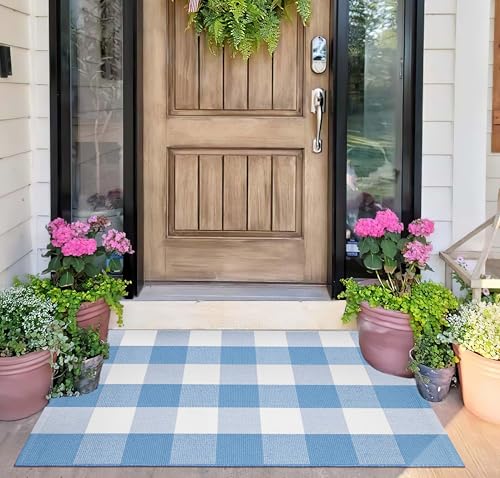 Light Blue and White Outdoor Rug 24''x35'' Buffalo Plaid Porch Mat Cotton Woven Washable Carpet for Layered Doormat Hello/Welcome Door Mat,Kitchen,Farmhouse,Entryway - color: Light Blue, size: 24''x 35''