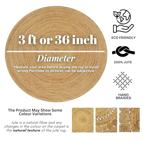 Hand Woven Jute Area Rug - 3' Round - Rustic Beige Reversible Farmhouse Rugs for Bedroom, Kitchen, Living Room - Vintage Natural Braided Entry Floor Décor Circle Boho Round Jute Rug 3ft - color: Natural 1, size: 3' (Round)