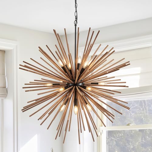 37.4" Farmhouse Sputnik Chandelier for Dining Room Rustic Handmade Natural Wood 18-Light Hanging Ceiling Pendant Light Fixture Starburst Wood Chandeliers for Kitchen Bedroom Foyer Hallway - size: Diameter 37.4", 18-Light