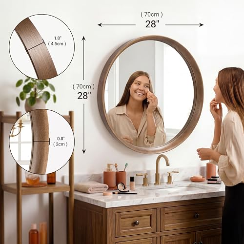 Brakki Round Wall Mirror with Wood Frame, 28 inch Circle Mirror for Bathroom Bedroom Entryway Vanity Living Room, HD Shatterproof Glass, Wall Mounted Decor, Hanging or Leaning, Walnut - size: 28"L x 28"W