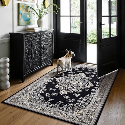 HOMORE Black Rug 3x5 Entryway Rugs, Washable Non Slip Rug for Bedroom Living Room Vintage Floral Rugs for Kids Room, Indoor Carpet for Kitchen Farmhouse Home Office - color: Black, size: 3' x 5' (Rectangular)