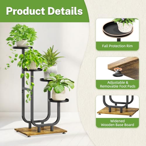 iDavosic.ly 4 Tier Plant Stand Indoor, Corner Tiered Multiple Flower Holder Shelf with Metal Trays, Orchid Display Wooden Rack for Patio Porch Living Room Balcony Outdoor, Modern Black & Rustic Brown - color: Modern Black, size: 4 Tiers