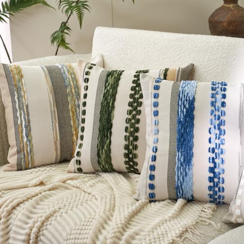 Aeckself Boho Throw Pillow Covers 18x18 Inch Set of 2, Farmhouse Decorative Striped Square Pillow Covers Chenille Tufted Pillow Cases Accent Neutral Pillowcase for Living Room Couch Bed, Yellow-Gray - color: Yellow
