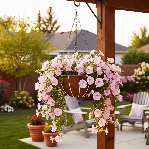 HOSY 2-Pack 12-in Hanging Metal Planter Baskets with Coconut Fibre Liner | Round Wire Planter, White, Openwork Stripes-Shaped Design, 12-in Diameter, Includes Chain & Hook, Tool-Free Hanging Setup - color: Stripes - White