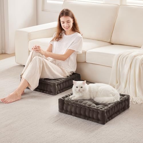 Intelligent Design Floor Pillow - Shredded Foam Filled Meditation & Yoga Cushion, Chenille Tufted, Handsewn Scalloped Edge, Oeko-TEX Certified, Azza, 20" x 20" x 5" Brown - color: Brown