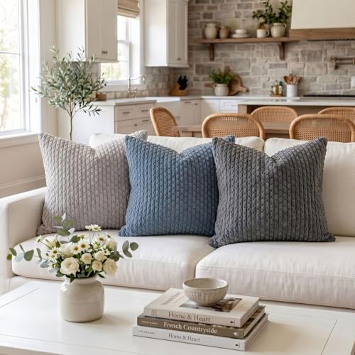 Fancy Homi 2 Packs Dark Gray Decorative Throw Pillow Covers 18x18 Inch for Couch Bed Sofa, Modern Farmhouse Boho Home Decor, Soft Cute Plush Grey Corduroy Striped Cushion Case 45x45 CM - color: Dark Gray, size: 18" x 18" (Pack of 2)
