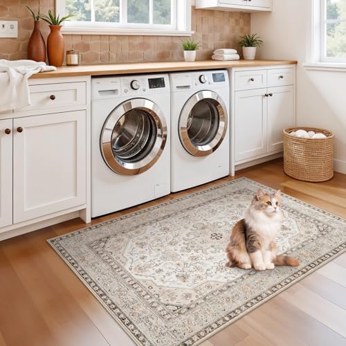 Washable Small Oriental Entryway Rug: 3x4 Indoor Area Rugs for Kitchen Sink - Ultra Thin Low Pile Stain Resistant Mat - Home Decor for Vintage Style Lover - 3x4 Ivory - color: Ivory, size: 3' x 4' (Rectangular)