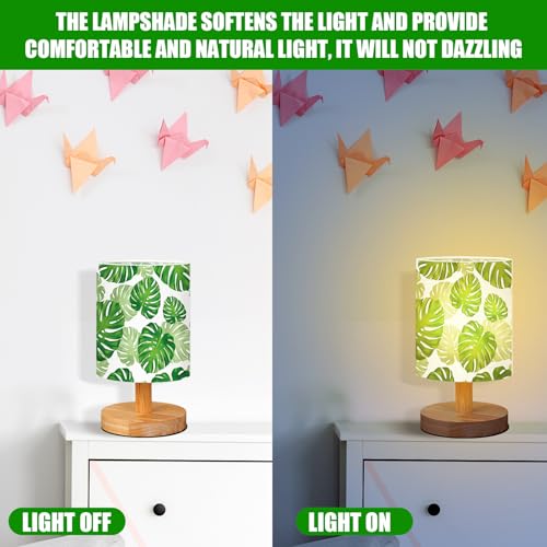 VIHOSE Jungle Animal Table Lamp Bedside Table Lamp Monstera Palm Leaves Vintage Nightstand Light with Linen Fabric Shade Solid Wood Base Decoration for Living Room Bedroom Desk Dorm - style: Palm Leaves
