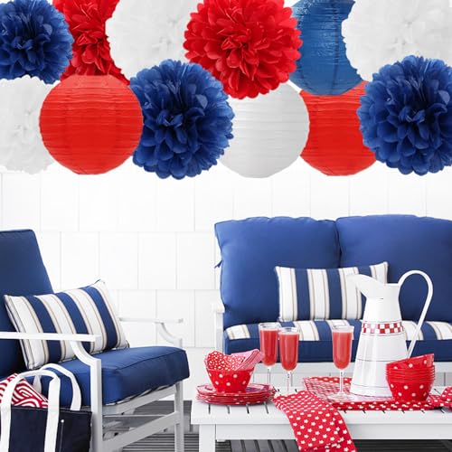 Fourth-4th Of July Imemorial-Day Party-Decorations - 15pcs Red White Blue Paper-Flowers Lanterns,Patriotic Graduation Tissue Pom Poms Streamers,Independence Veterans Hanging Supplies Decor Hugfond - color: Red Blue