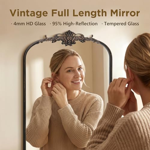 Besdomus Arched Mirror Full Length: 21"x56" French Black Vintage Full Body Mirror - Floor Antique Baroque Traditional Ornate for Entryway/Cloakroom/Bedroom/Living Room - Home Decor for Homemakers - color: Black, size: 56"L x 21"W