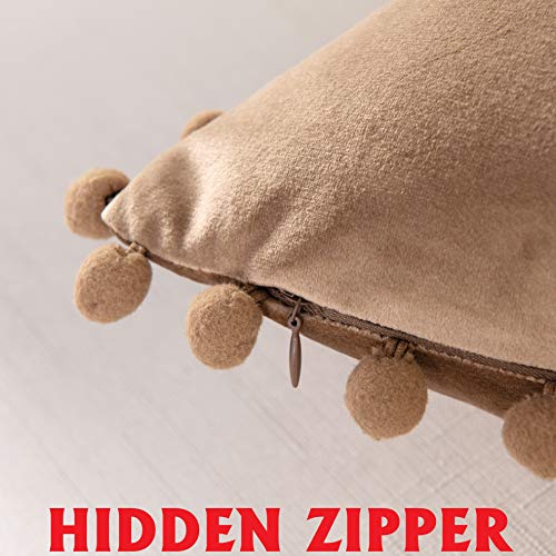 Elegant Comfort POM-POMS Fringe Velvet Cushion Covers Set of 2, Velvet Soft Solid Decorative Square Throw Pillow Covers Set Cushion Case for Couch Bed, Livingroom 18 x 18 Inch (45 x 45 cm), Taupe - color: Taupe, size: 18" x 18" (Pack of 2)