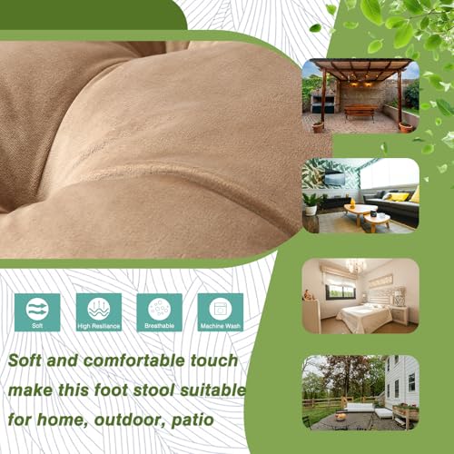 15" Foldable Foot Stool Ottoman with Metal Frame - Washable Khaki Upholstered Indoor/Outdoor Footrest for Living Room, Bedroom, Patio - Space-Saving Compact Design - color: Khaki