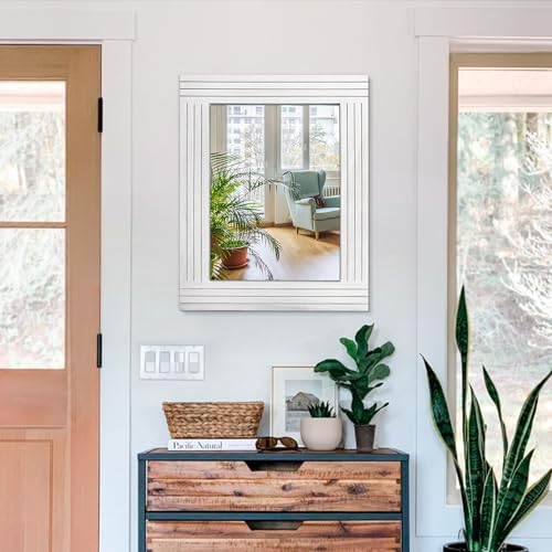 Rustic Wall Mirror - Rectangular Antique Wooden Frame - Farmhouse Bedroom & Entryway - Large White - 20" x 16" - color: Ivory, size: 20"L x 16"W