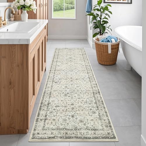 COZYLOOM Beige Vintage Washable Rug for Living Room 2x6 Non-Slip Non-Shedding Floral Runner Rug, Low Pile Stain Resistant Distressed Carpet, Indoor Foldable Floor Mats for Hallway Entryway Bedroom - color: Boho|beige, size: 2' x 6' (Runner)