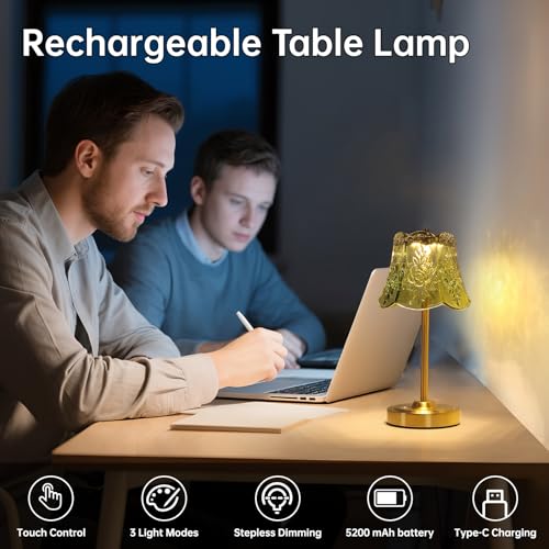 Shenmoyl Cordless Touch Table Lamp with 5200mAh Battery - 3 Adjustable Color Temperatures & Dimmable, Rechargeable Desk Lamp for Bedroom, Living Room, Office, Entryway, Bookshelves (Green Rose) - color: Green Rose