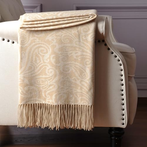 CUDDLE DREAMS Premium Cashmere Throw Blanket with Fringe, Luxuriously Soft (Paisley Beige) - color: Paisley Beige