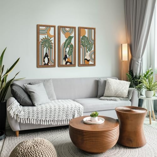 KAIRNE Boho Wooden Wall Art,Bohemian Wood Wall Decor Set of 3(16”X8”),Farmhouse Geometric Hanging Decor,Abstract Minimalist Sun Moon Artwork for Living Room Bedroom Nursery Office Decoration,Framed - color: Farmhouse Geometric, size: 8"L x 16"W