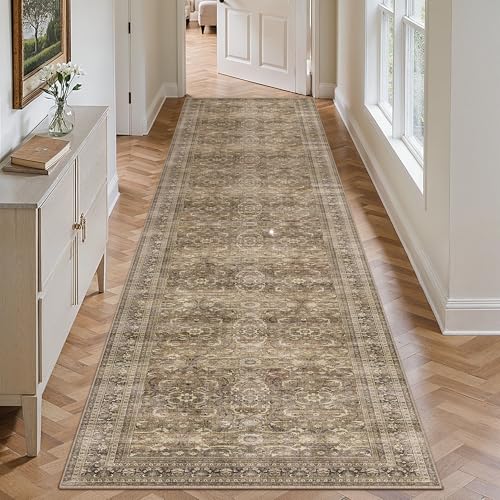 HUGEAR 2'6''x12' Runner Rug Hallway Vintage Brown Machine Washable Retro Floral Low Pile Carpet Distressed Long Throw Rug Bedroom Kitchen Laundry Non Slip Soft Lightweight - color: Retro | Brown, size: 2'6" x 12' (Runner)