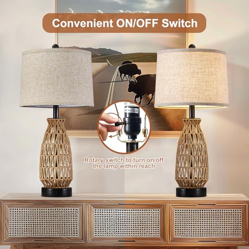 Boho Table Lamp Set of 2, 27" Handwoven Rattan Lamps with Fabric Shade, Bohemian Farmhouse Bedside Lamp Modern Wicker Lamps with Rotary Switch for Bedroom Living Room Nightstands Dorm Farmhouse Decor