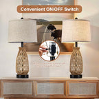 Boho Table Lamp Set of 2, 27" Handwoven Rattan Lamps with Fabric Shade, Bohemian Farmhouse Bedside Lamp Modern Wicker Lamps with Rotary Switch for Bedroom Living Room Nightstands Dorm Farmhouse Decor