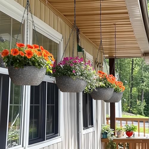 T4U Hanging Planters for Indoor Outdoor Plants 2 Pack - 12 Inch Grey Hanging Plant Basket with Drainage Hole, Round Hanging Flower Plant Pot for Garden Home Decor(Grey) - color: Gray, size: 12 In