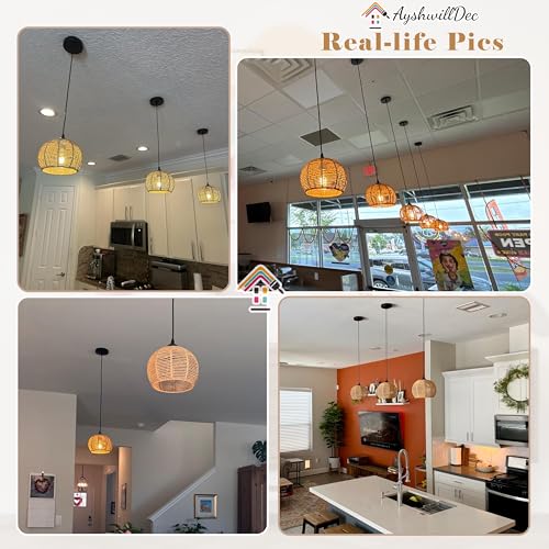 3 Pack Wicker Pendant Light Natural Woven Pendant Light Boho Chandelier Light Fixture Dome Rustic Farmhouse Pendant Lights Rattan Light Fixture for Dining Room Kitchen Island (Bulb Incl.) - color: 8.7" Natural 3-Pack