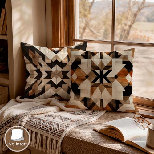 OBSEDE Rustic Aztec Wood Decorative Throw Pillow Covers 18x18 Set of 4 Faux Linen Cushion Cases Single-Sided Print Faux Wood Geometric Accent Pillows for Couch Sofa - color: Rustic Aztec Wood