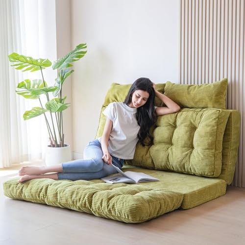 MAXYOYO Folding Sofa Bed, Tufted Bean Bag Bed with Pillows Floor Couch for Adults, Extra Thick and Long Floor Sofa, Full Floor Couch Bed for Bedroom Living Room, Green, 54x91 Inch - color: Green, size: Tufted Full