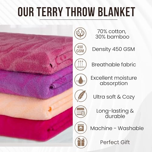 100% Cotton Throw Blanket for Couch Sofa or Bed All Season Terry Blankets & Throws, Lightweight & Breathable Cotton Blanket, Picnic Rug, Terry Bed Sheet (Peony) - color: Peony
