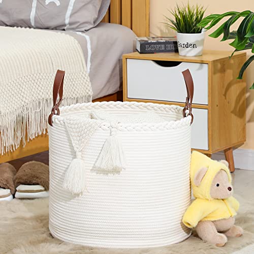 KAKAMAY Large Blanket Basket (18"x16"),Woven Baby Laundry Hamper,Cotton Rope Blanket Basket for Nursery, Laundry, Living Room, Pillows, Baby Toy chest with Leather Handles (White) - color: White