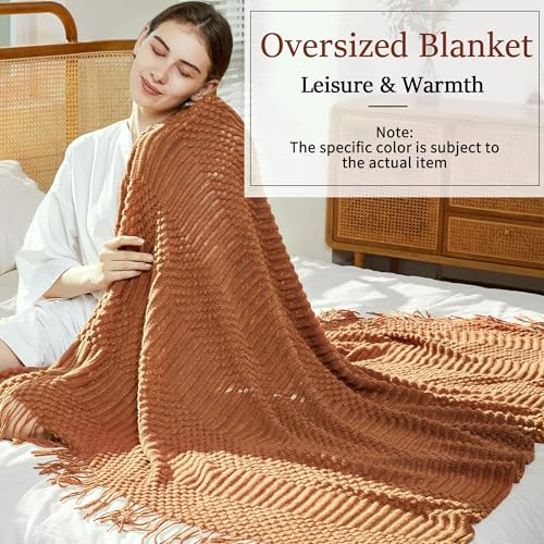 Blagic Knitted Throw Blanket for Couch Soft Farmhouse Boho Throw Blanket with Tassels Home Decorative Lightweight Throw Blankets,Rust Throws for Bed/Sofa, Pineapple Textured, 60" W x 80" L - color: A-orange Rust, size: 60 × 80 in
