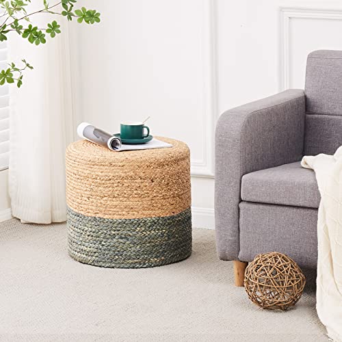 Wimarsbon 18'' Ottoman Pouf, Natural Braided Poof, Rustic Handweave Lounge Pouffe, Boho Footrest Stool for Bedroom, Accent Table or Seat for Living Room (Dusty Blue) - color: 18inch Water Hyacinth Braid & Dusty Blue Corn Shell