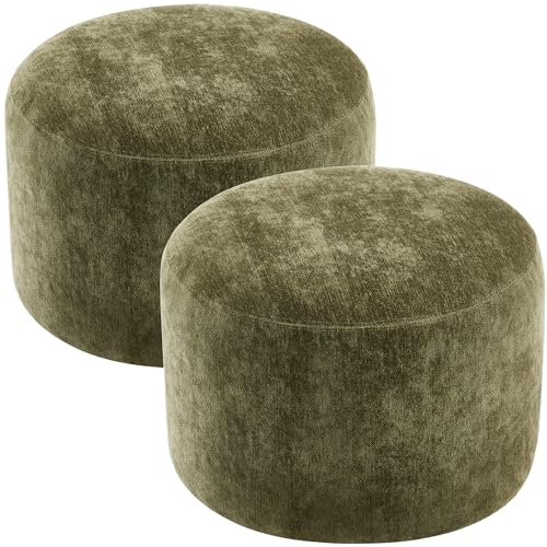 Upholstered Round Ottoman Set of 2, Green Pouf Ottoman, Modern Footstool with Soft Padded Seat & Solid Wood Frame, Multifunctional Vanity Stool Accent Seat for Living Room and Bedroom, Chenille - color: Green Chenille, size: Set of 2