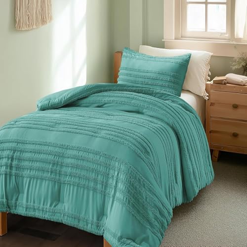BEDELITE Boho Twin/Twin XL Comforter Set，Aqua Tufted Striped Bed Set 2 Pieces, Soft Vintage Farmhouse Comforter for College, Boho Home Dorm Decor, Fluffy Jacquard Bedding with 1 Pillow Sham - color: Aqua, size: Twin/Twin XL