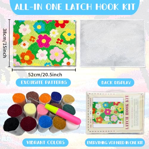 ORIGACH Grassland & Flowers Latch Hook Rug Kit for Adults Printed Rug Making Kit Handmade Carpet Tapestry Cover with Hook Latch and Preprinted Canvas, Home Arts Crafts Sofa Decor, 20.5x15inch - style: Grassland & Flowers