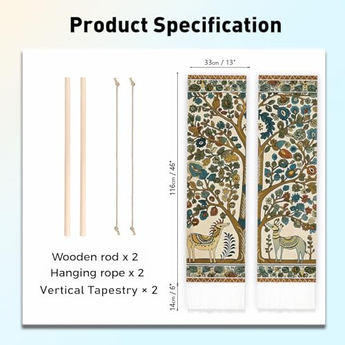 PLIGREAT 2 Pack Deer and Tree Vertical Tapestry, Folk Art Style Wall Tapestry with Tassels Aesthetic Wall Hanging for Bedroom Living Room Long Narrow Art Home Decor Housewarming Gift - color: Blue and Yellow