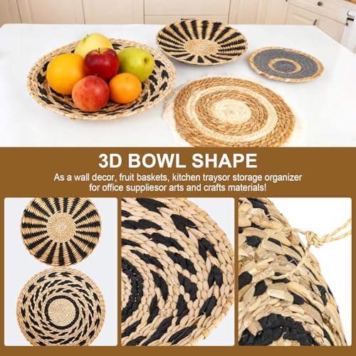 7 Pack Boho Wall Basket Set, Seagrass Rattan Wicker Boho Wall Decor, hanging Woven Wall Basket Decor, Eco-Friendly Round Art for Farmhouse Bedroom Living Room Display Table Settings Kitchen Home (Black Classic)
